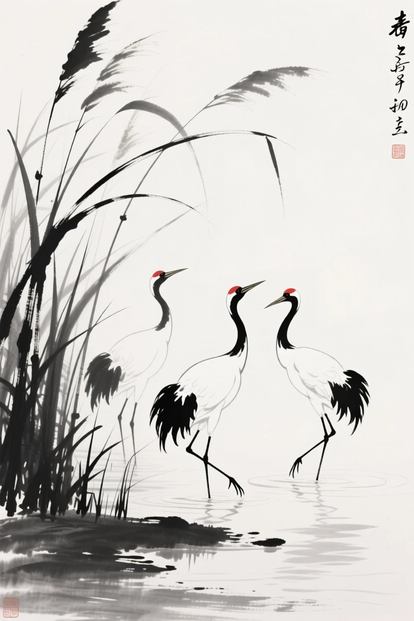 Three cranes wade among tall reeds at the water's edge, under the soft light of early morning.