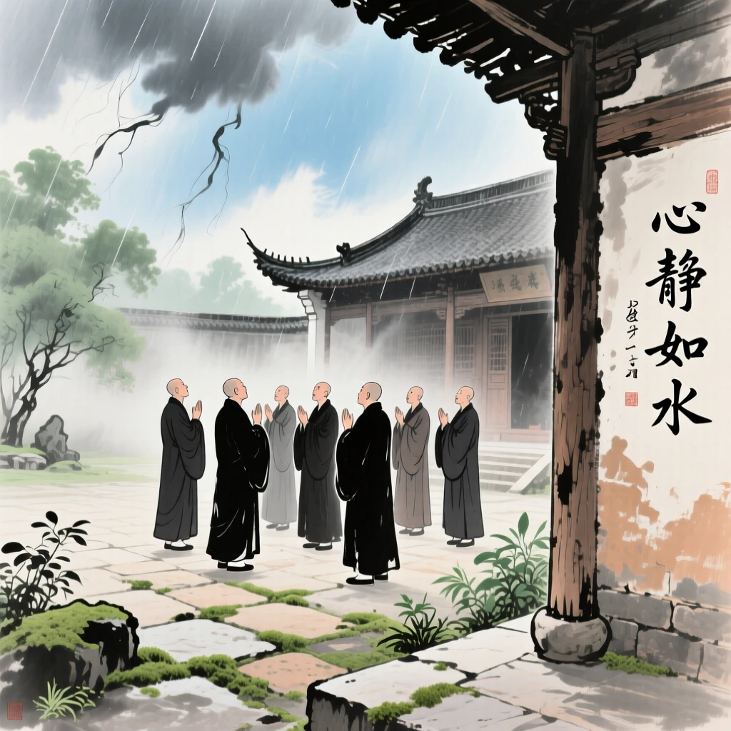 A group of monks chanting at dawn in a mist covered monastery courtyard, at midday, under clearing skies after a storm.