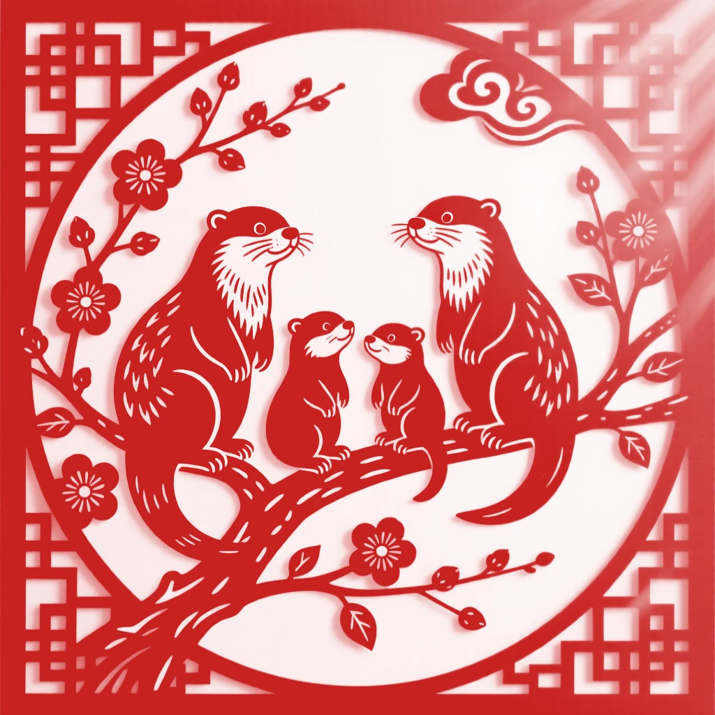 A family of otters, perched on a blossoming branch at first light, bathed in the golden light of late afternoon.
