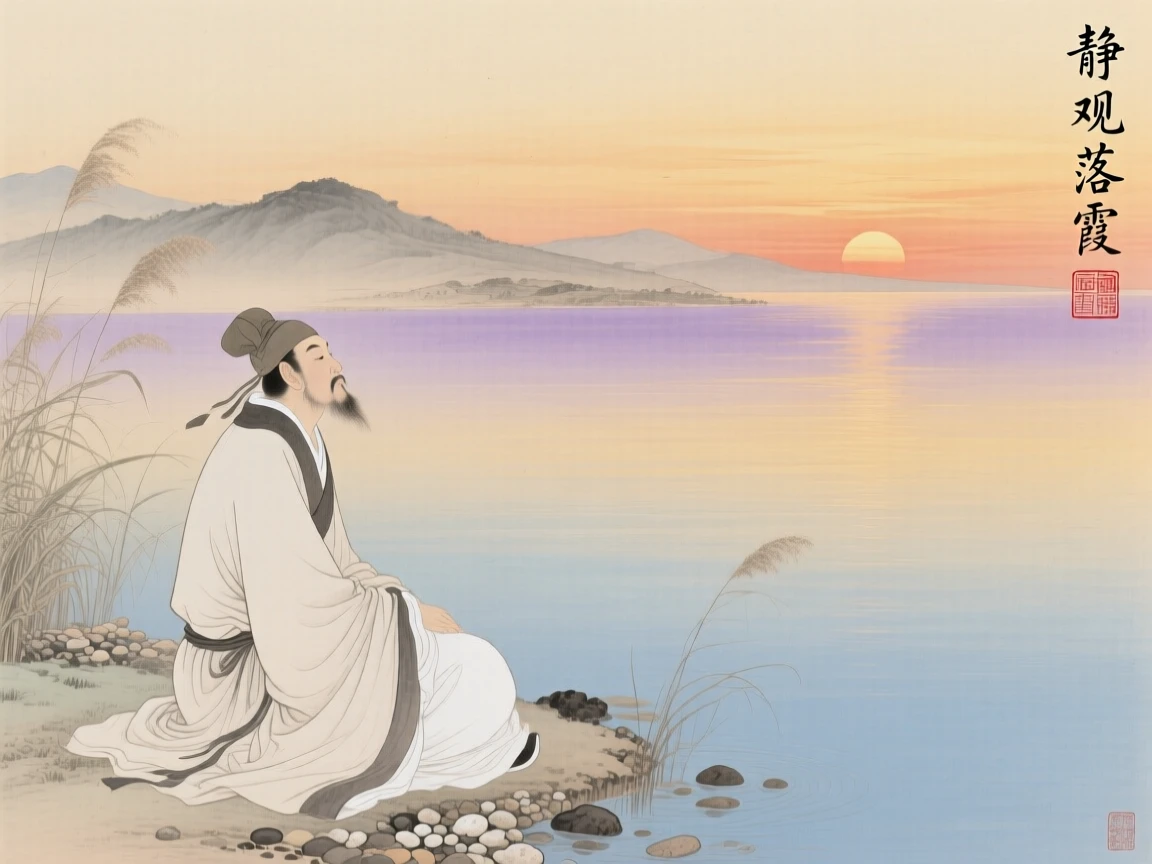 A wandering poet watching the sunset in quiet reflection at the edge of a quiet lake