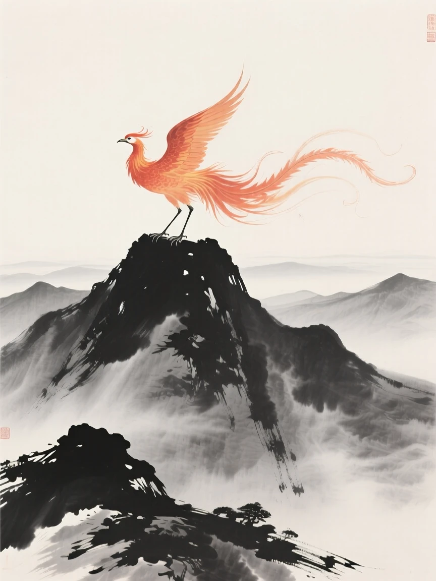 A phoenix rising above a mountain peak above a mist-shrouded mountain range, framed to emphasize scale against a vast open sky, carrying a sense of magic woven into the natural world.