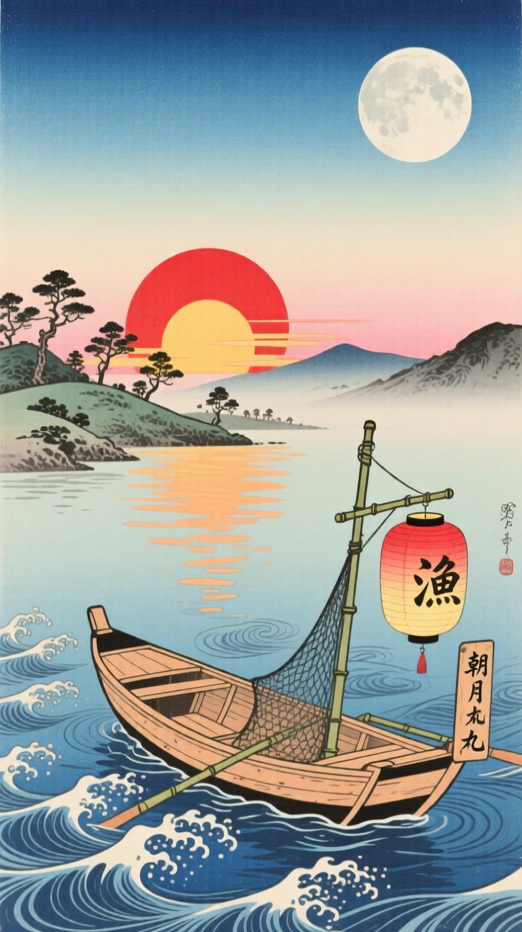 A small wooden fishing boat under a brilliant sunrise, under a full moon.