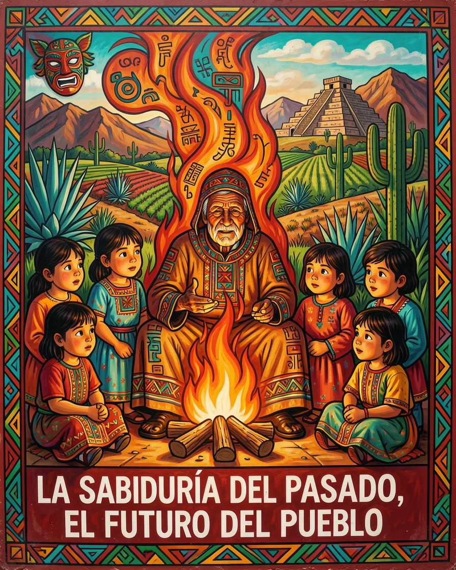 A wise elder sharing stories with children around a fire