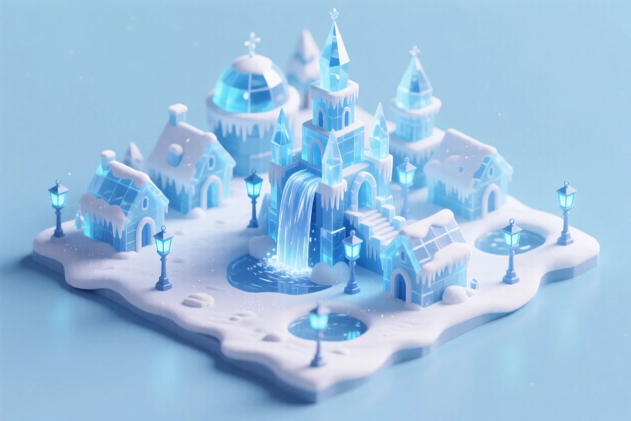 A crystal ice palace village built entirely from carved ice and snow, with glowing blue lanterns and a frozen waterfall serving as the town's centerpiece.