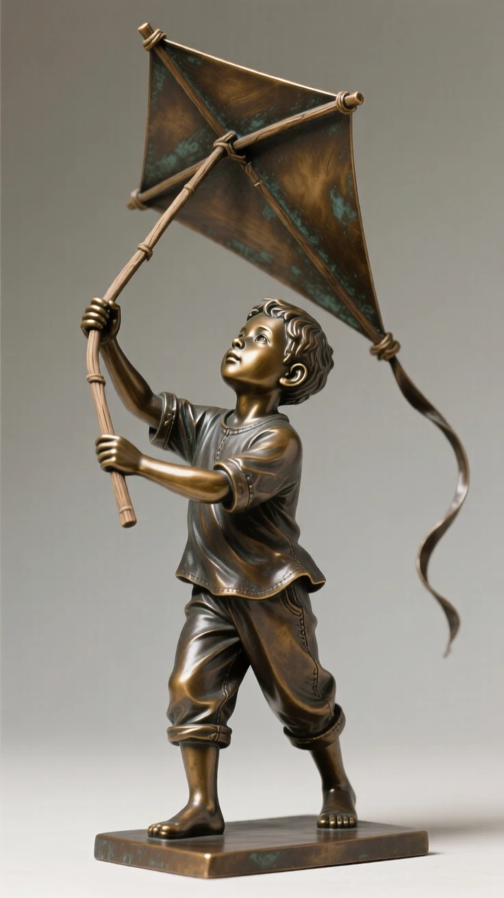A young boy launching a homemade kite, with a serene, contemplative gaze, forming a strong central focal point