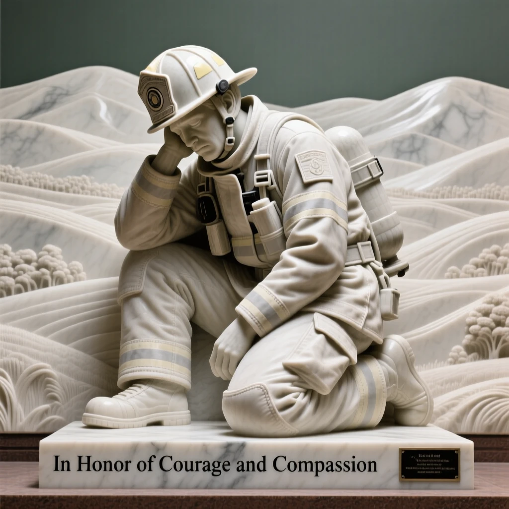 A tender portrait of a firefighter resting after a rescue, looking down with a tender, protective gaze, against a backdrop of rolling hills, evoking warmth and humanity