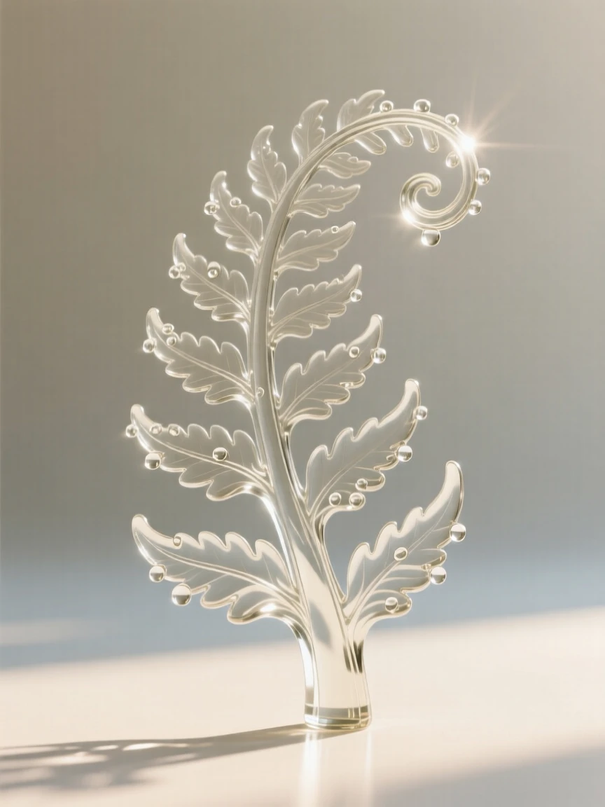 A fern unfurling its fronds, backlit by soft morning sunlight, dew drops clinging to the petals, composition centered and intimate, evoking freshness and calm.