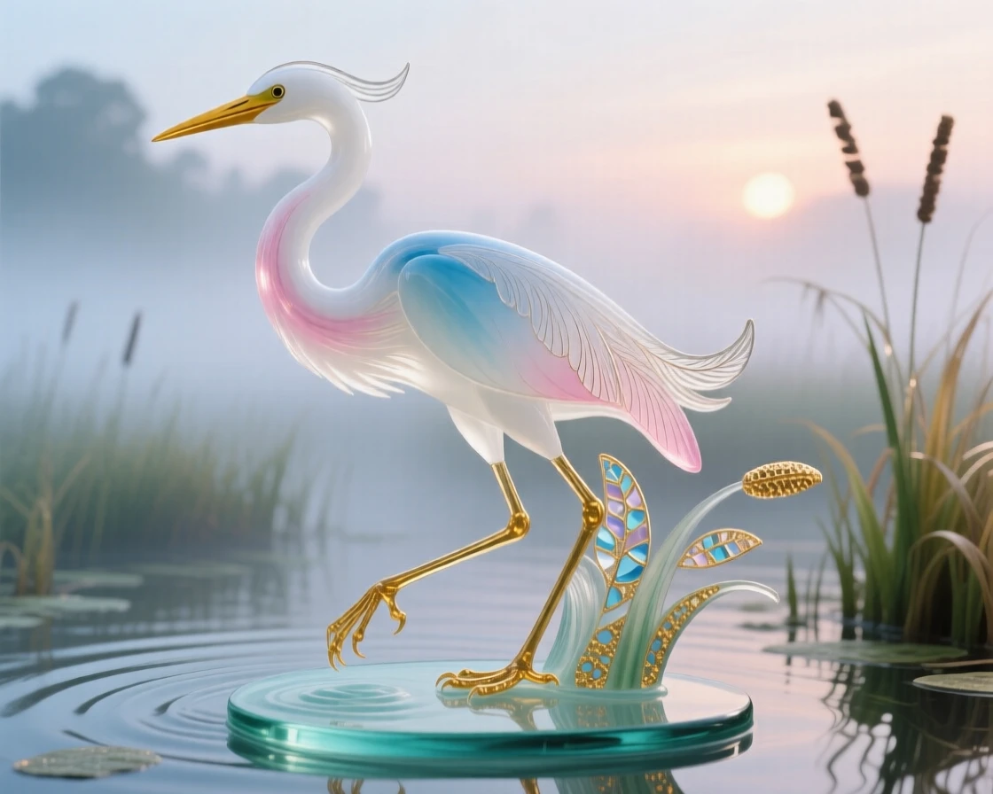 A snowy egret wading through a misty marsh at dawn, elegant and serene.