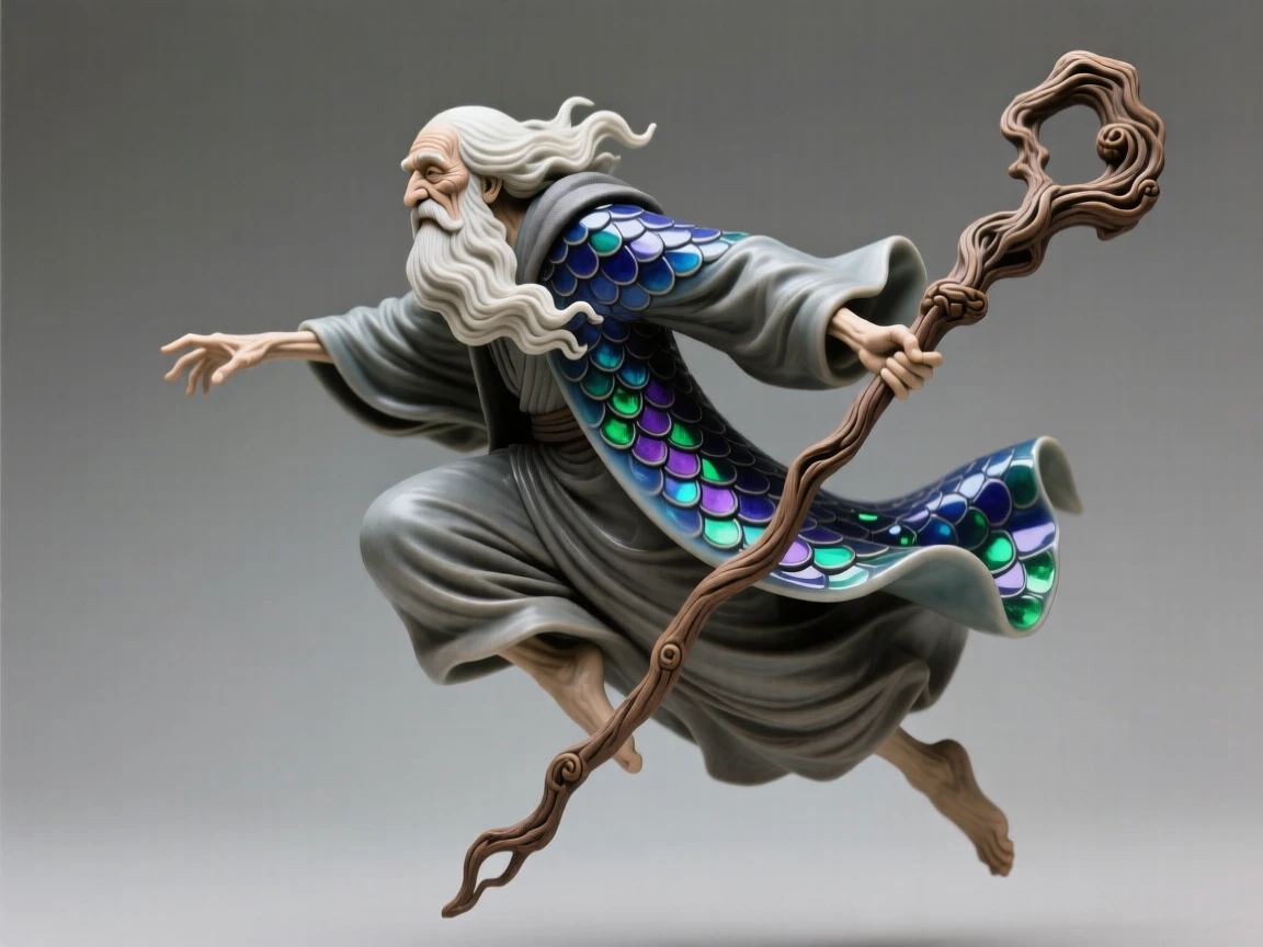 A wise old wizard leaning on a gnarled staff caught in a graceful, weightless leap, with scales that seem to shimmer like jewels, filling the scene with mysterious, otherworldly beauty.