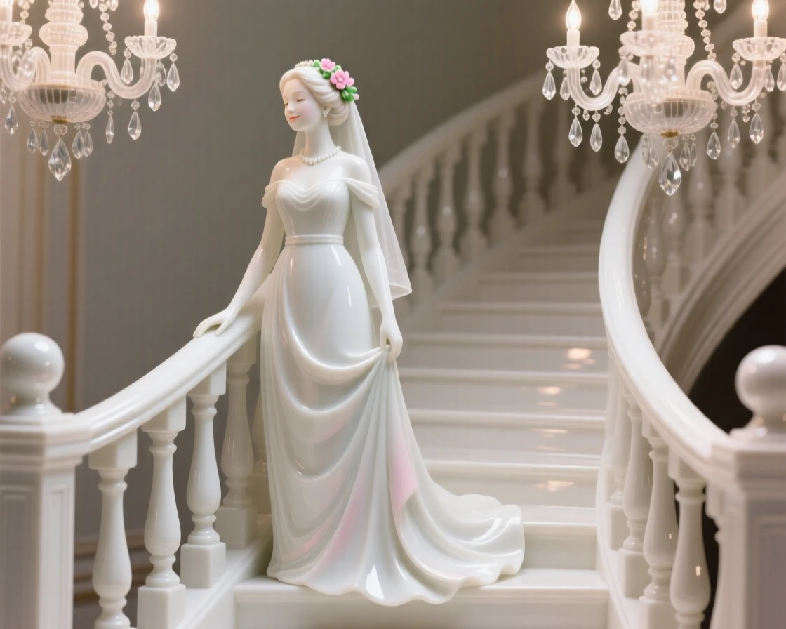 A bride gazing toward the horizon, wearing a flowing empire-waist gown, a faint, knowing smile on her lips, set against a grand staircase lit by chandeliers.