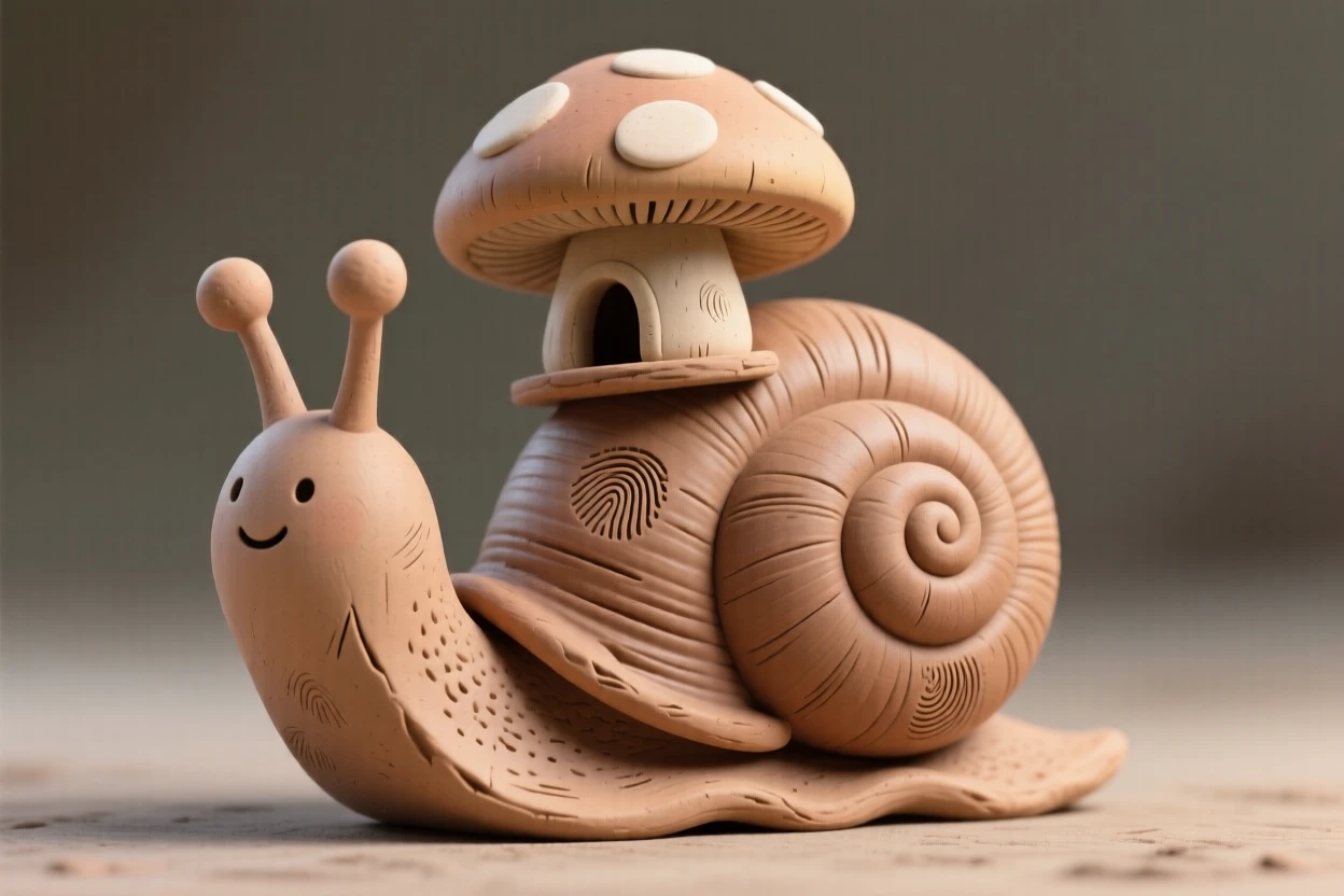 A snail carrying a tiny mushroom shelter on its shell