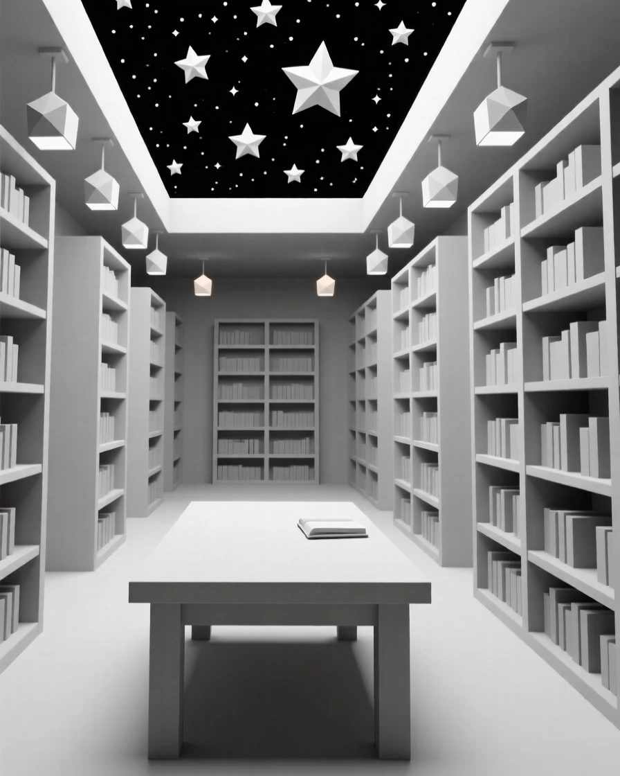 A grand library with towering shelves and soft light, beneath a sky full of stars. the framing draws the eye along a natural leading line. The atmosphere is peaceful and inviting.