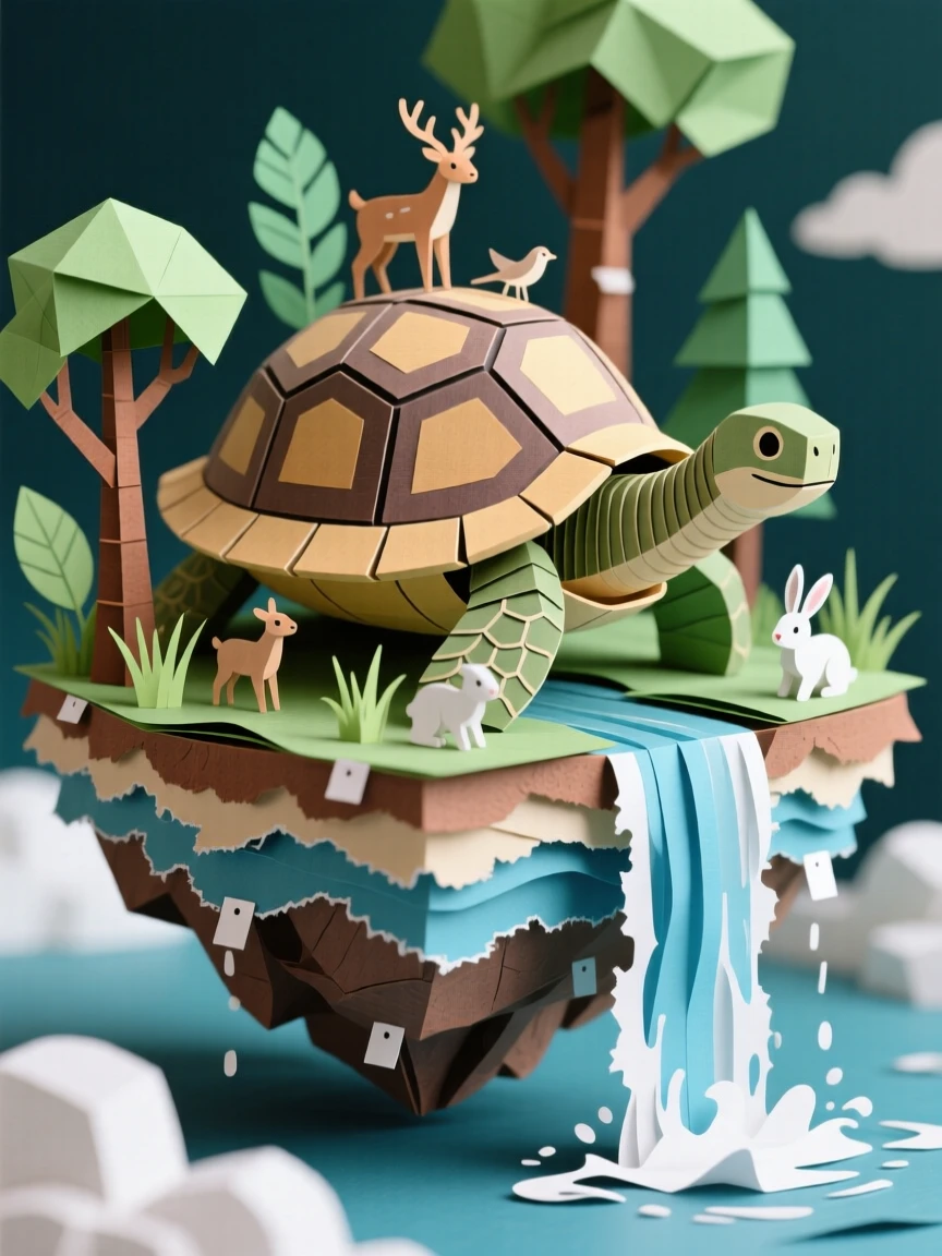 A giant turtle carrying an entire floating island ecosystem on its back, waterfalls cascading off its shell into the clouds below, capturing surreal grandeur.