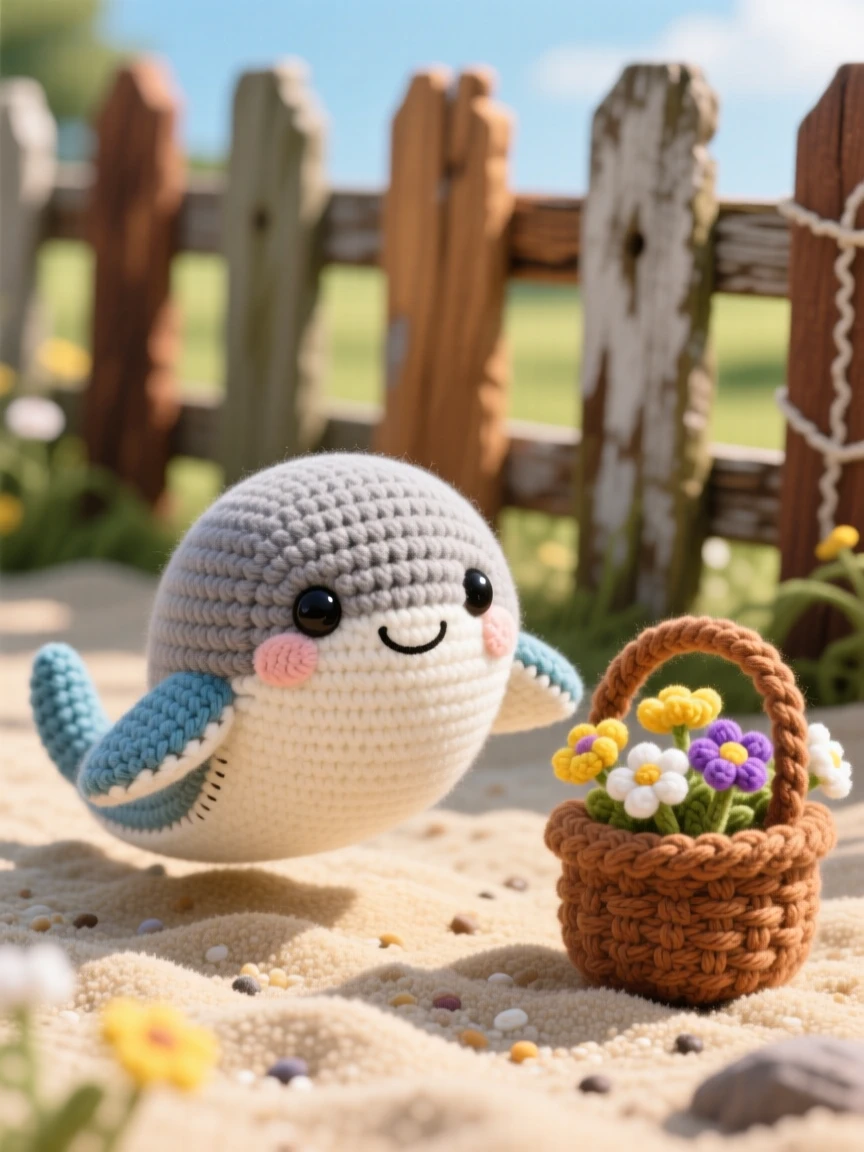 A heartwarming close-up of a baby stingray, with a smooth diamond-shaped body, gliding gracefully over a sandy seafloor in a sunny farmyard with a weathered wooden fence; a small basket of wildflowers nearby completes the scene, radiating gentle trust and quiet companionship.
