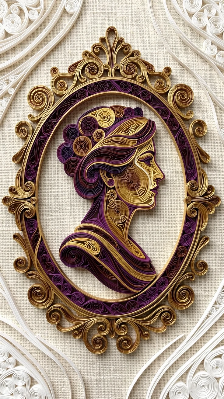 An elegant design featuring a Victorian-inspired cameo silhouette portrait, built up in graduated layers of increasing size, in rich plum and antique gold hues, displayed on a textured linen backdrop.