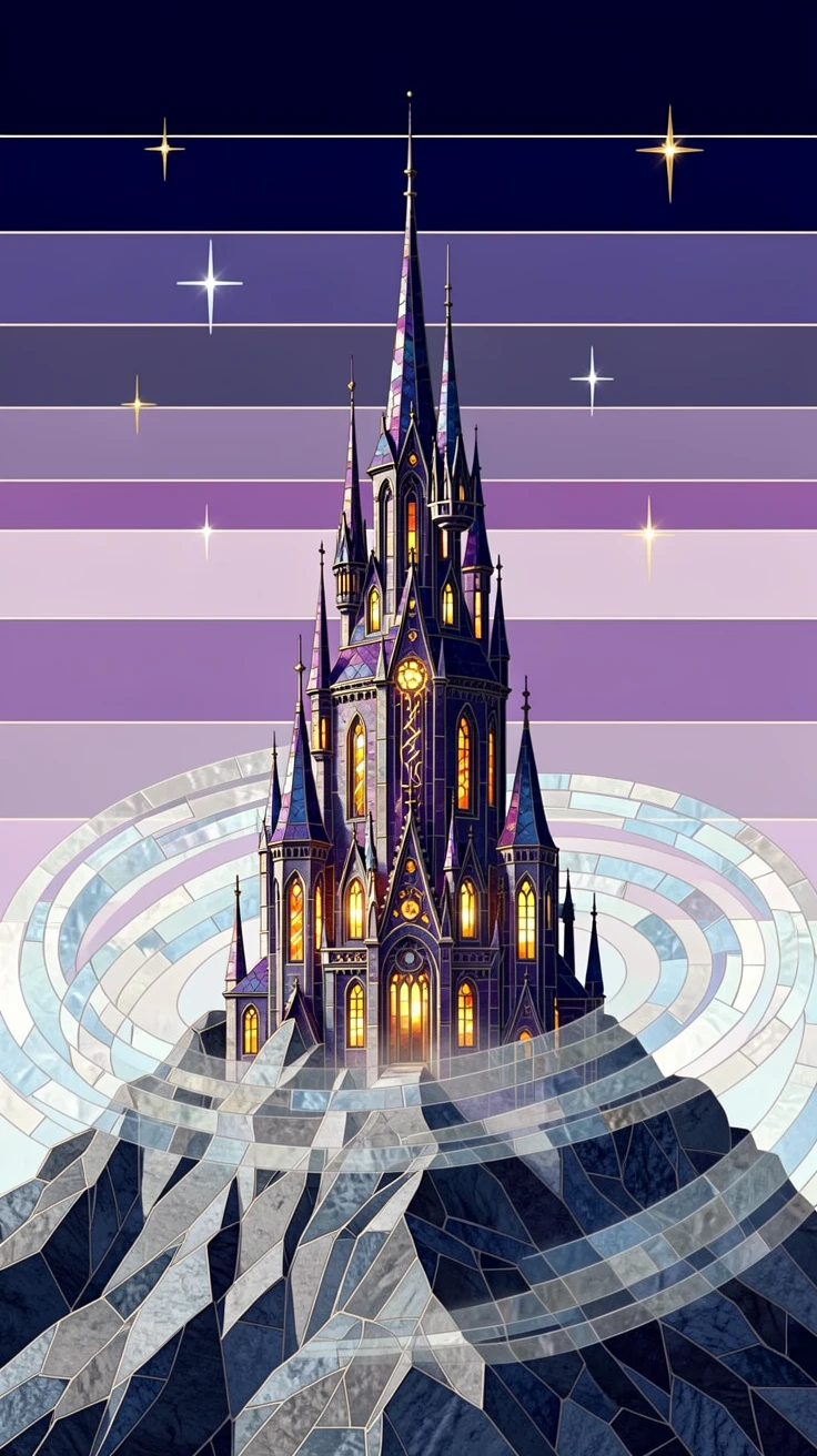 An epic fantasy scene of a wizard's tower rising above a misty mountain at twilight, with swirling mist and glowing highlights.