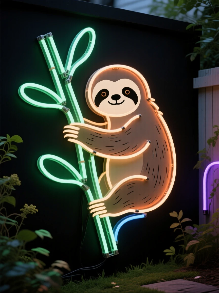 a baby sloth hugging a branch in a quiet backyard garden.