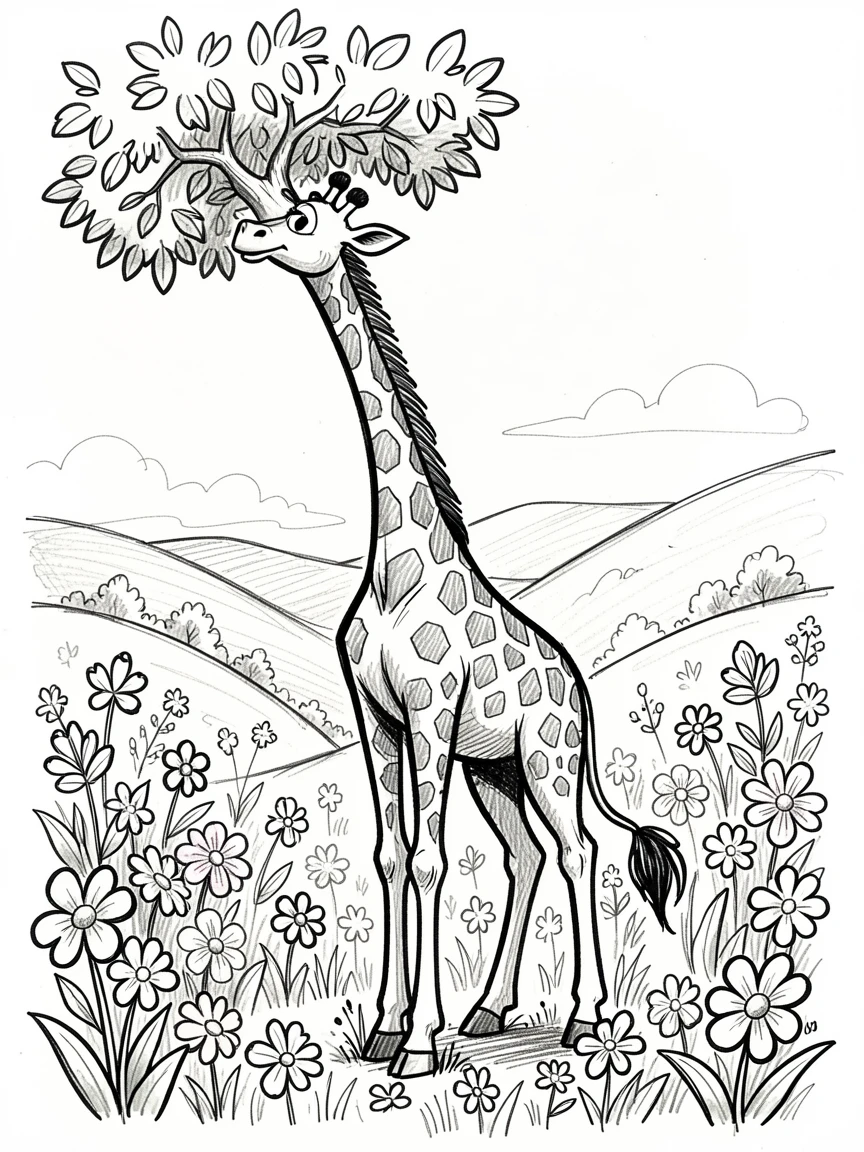 A giraffe reaching for treetop leaves in a valley full of flowers.
