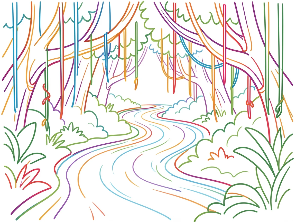 A jungle river winding beneath a canopy alive with hanging vines.
