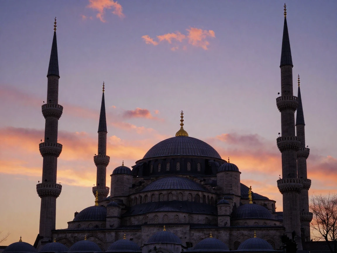 The Blue Mosque's domes silhouetted against a dusk sky