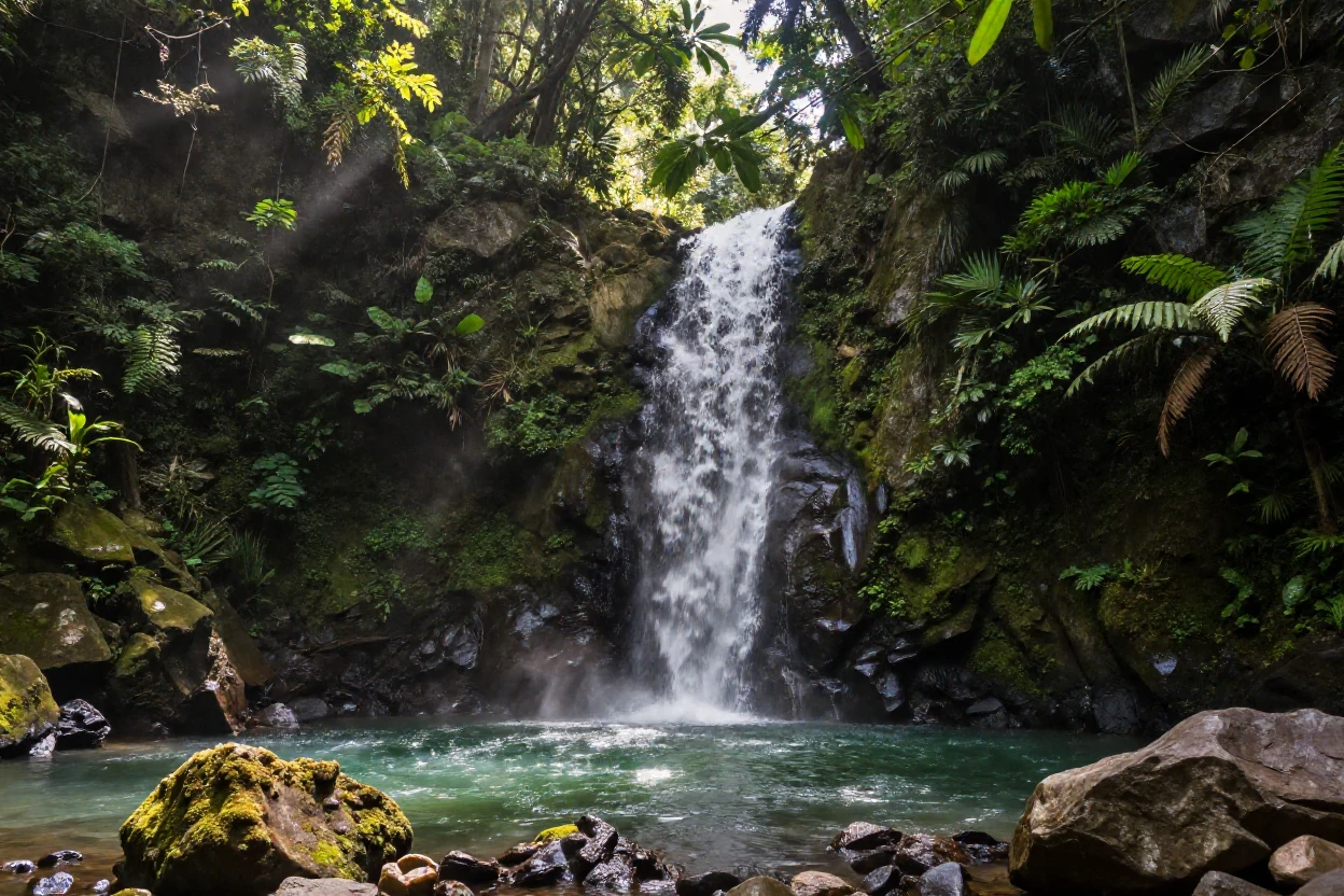 A hidden waterfall cascades into a turquoise pool deep within a jungle canyon.