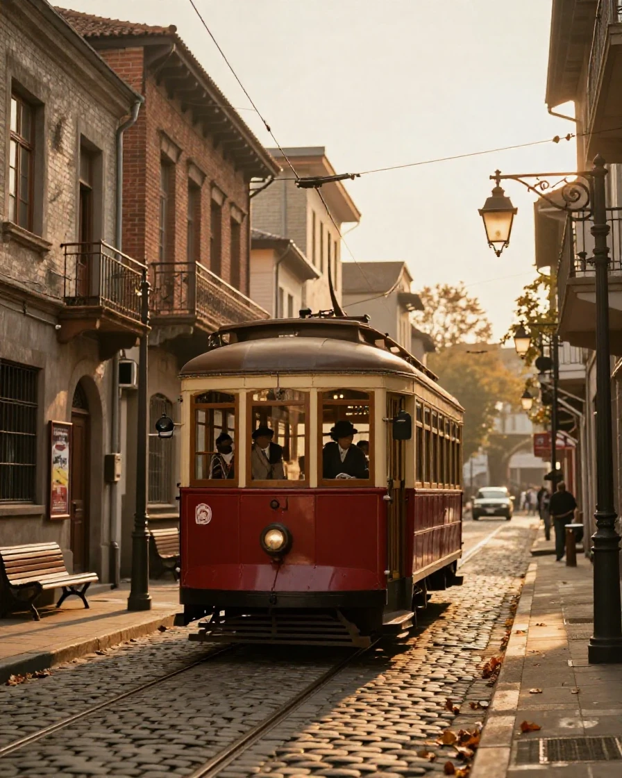 A vintage tram rattling down a cobblestone street lined with old buildings