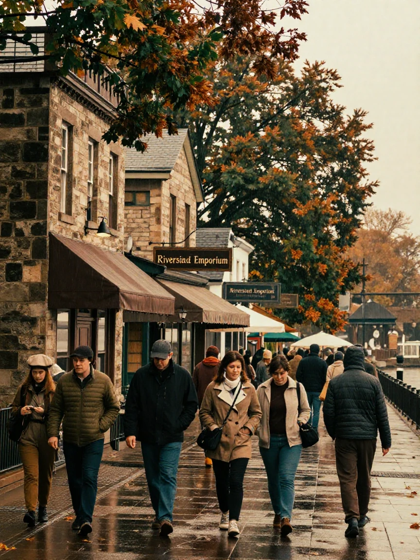 A busy riverside promenade lined with old stone buildings, under soft golden-hour light, under a light drizzle, in the mild days of early autumn, with deep emerald greens and browns, in a tight close-up.