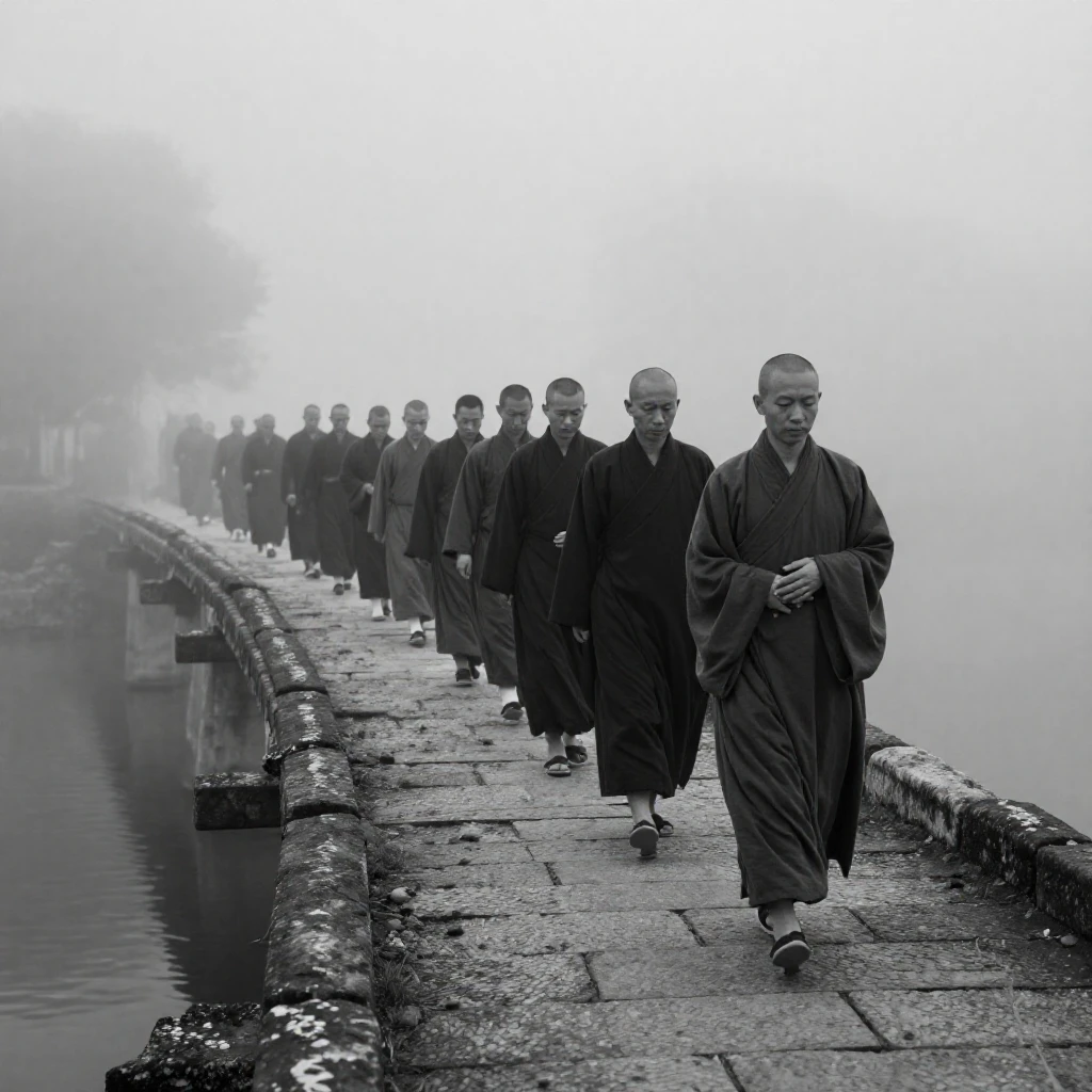 A group of monks walks single file across a misty bridge over a fog-covered stone footbridge.