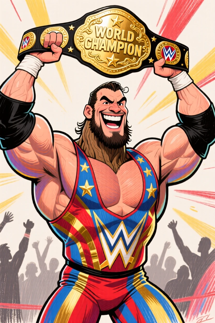 A larger-than-life fictional wrestling champion flexing with a golden belt held overhead.