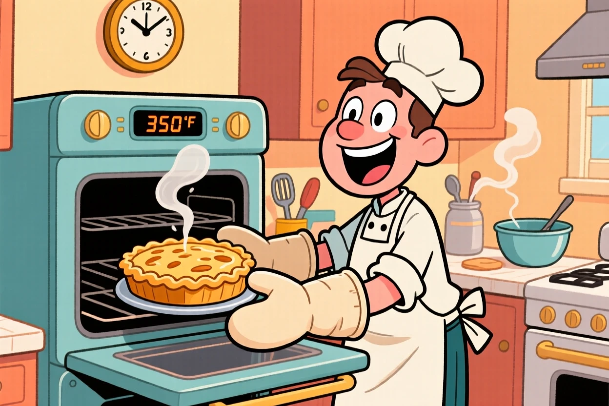 An everyday-life snapshot of a home baker pulling a golden pie from the oven, oven mitts smoking slightly from the heat.