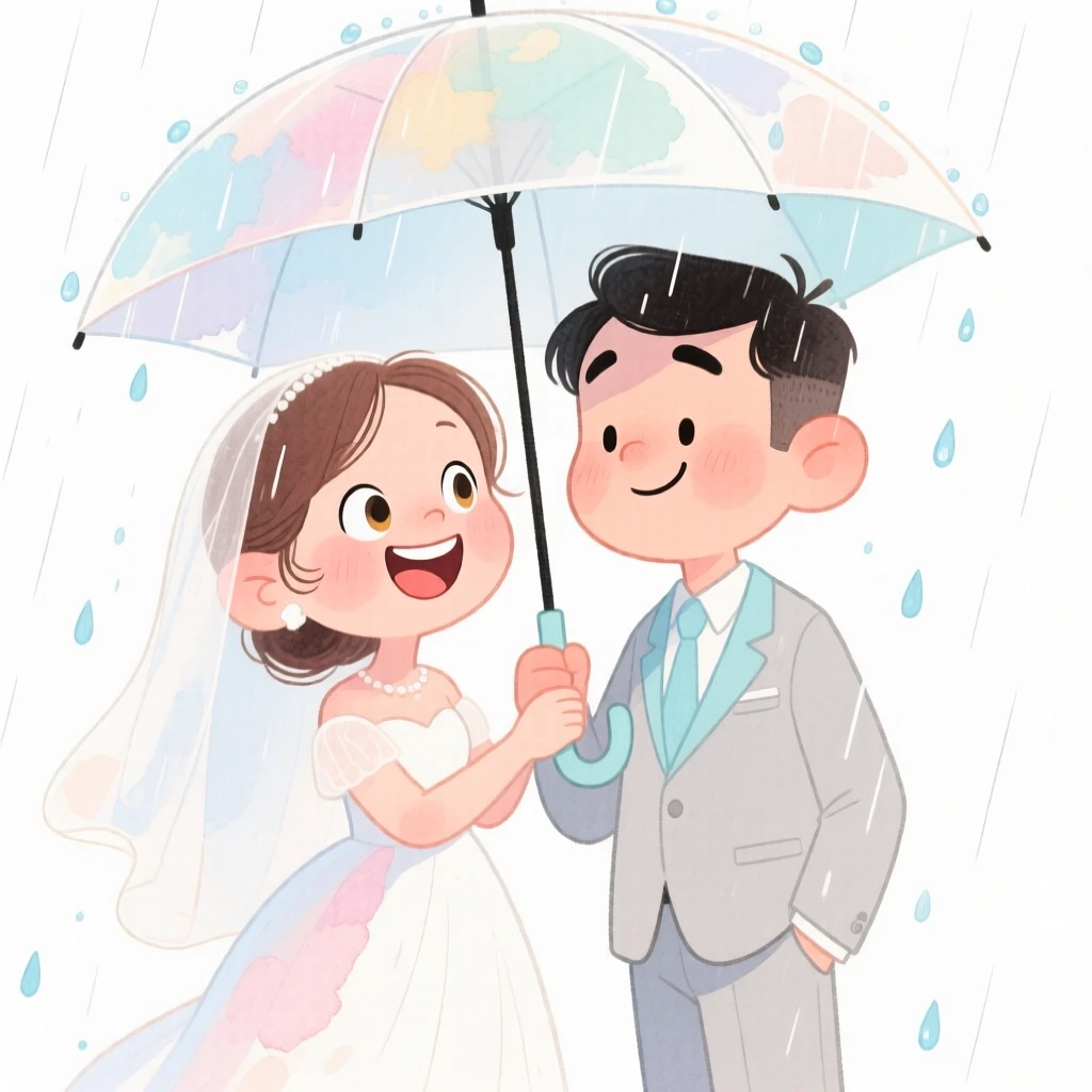 Newlyweds sharing an umbrella in a gentle rain shower