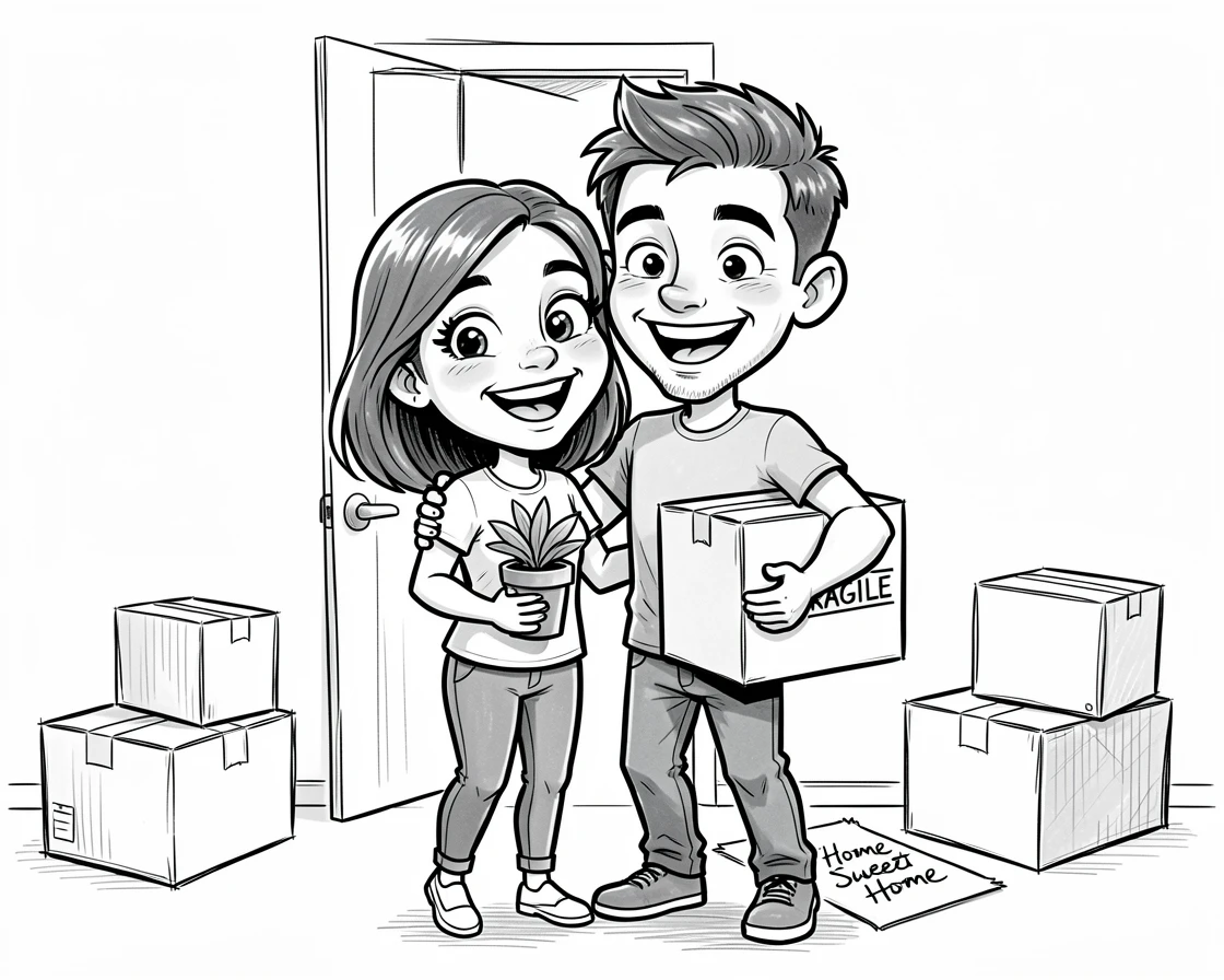 [Family & Relationship Moments] Heartwarming scene of a couple moving into their first apartment, surrounded by boxes, radiating love and warmth