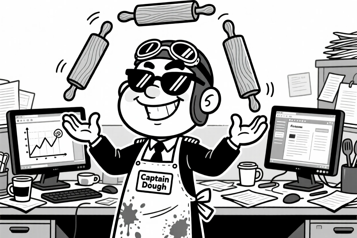 A confident pilot with aviator sunglasses, juggling three rolling pins at once, set in a cluttered office with dual monitors. A name tag hangs crookedly from a stained apron. The image captures dedication with a wink of playfulness.