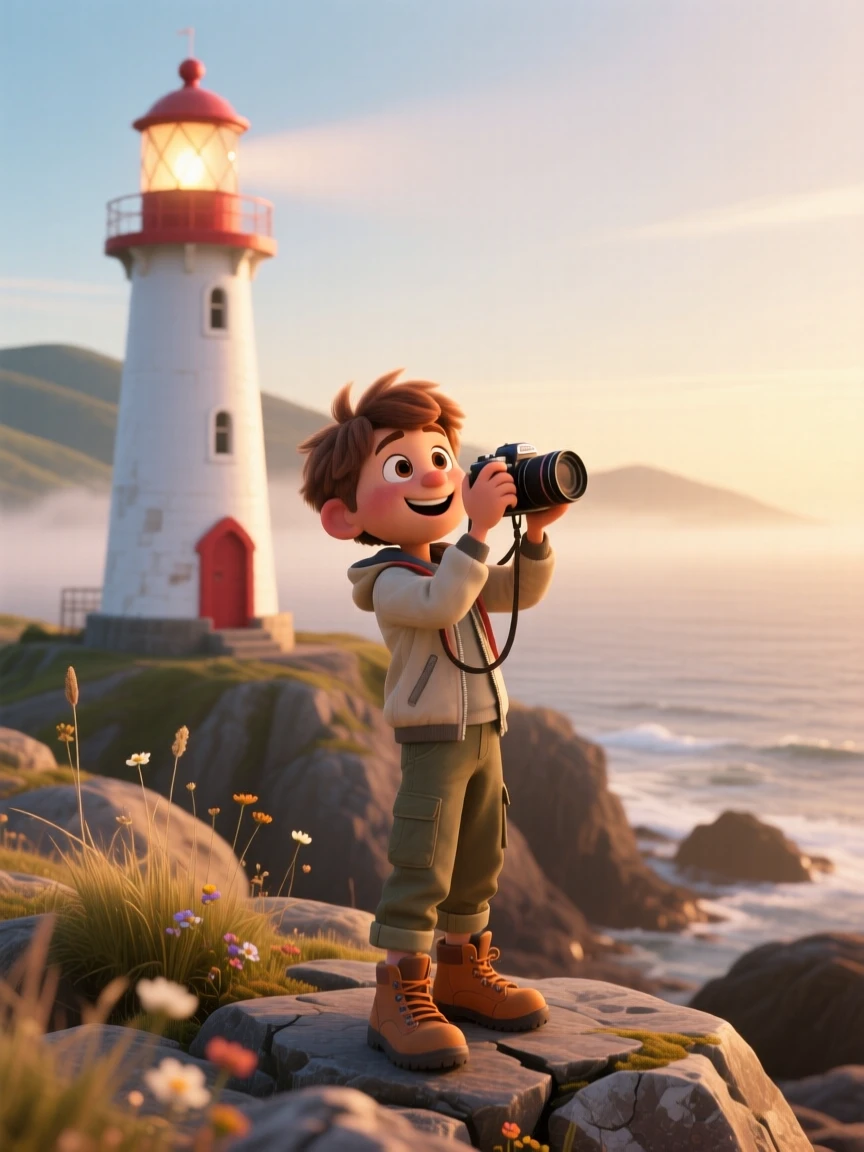 A photographer studying the horizon stands beside a lighthouse on a rocky coastline, snapping a photo of the breathtaking landscape. A sense of wonder and freedom fills the moment, with a light mist clinging to the distant hills.