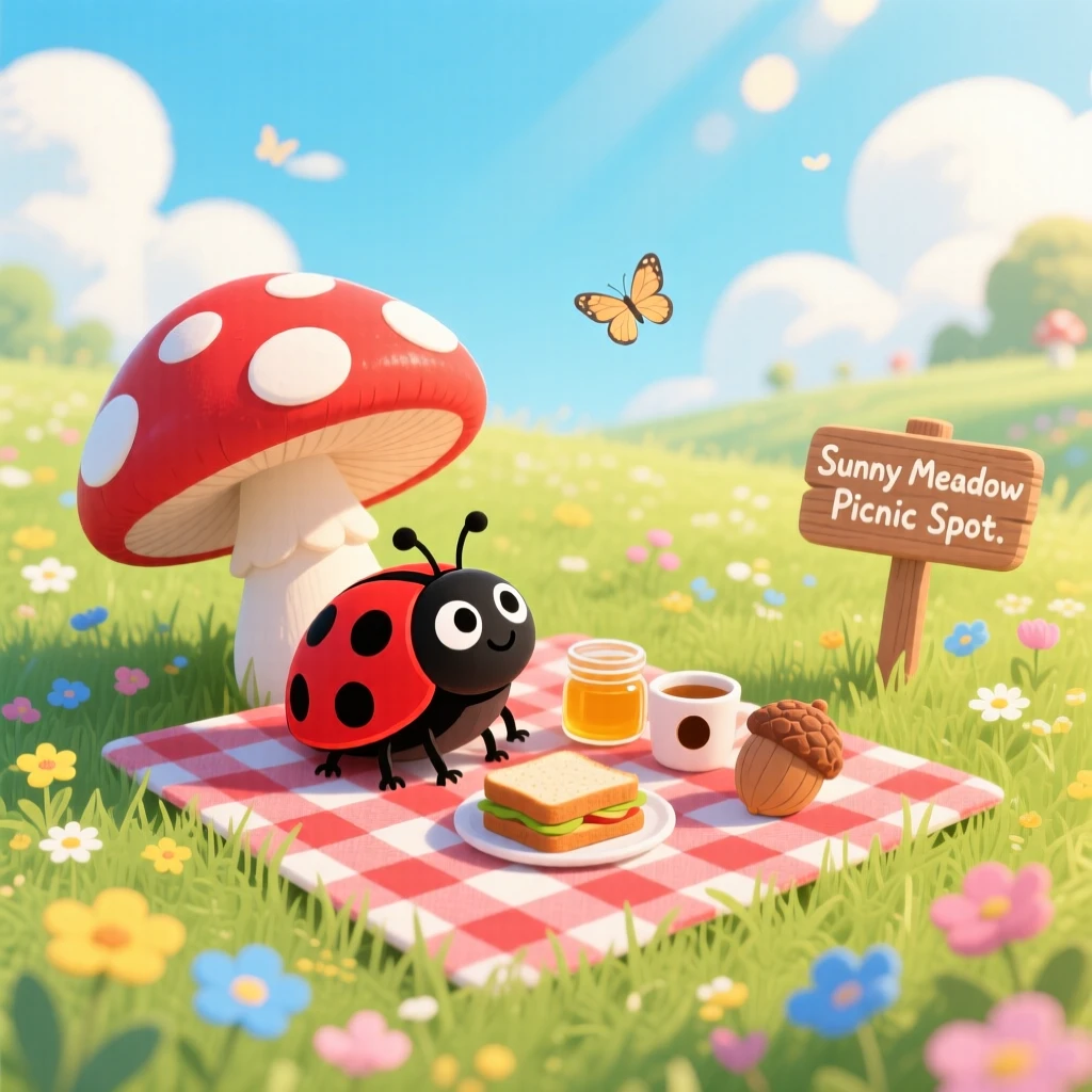 A spotted ladybug pauses from having a picnic under a toadstool to look up in a sunlit meadow, as soft clouds drift overhead.