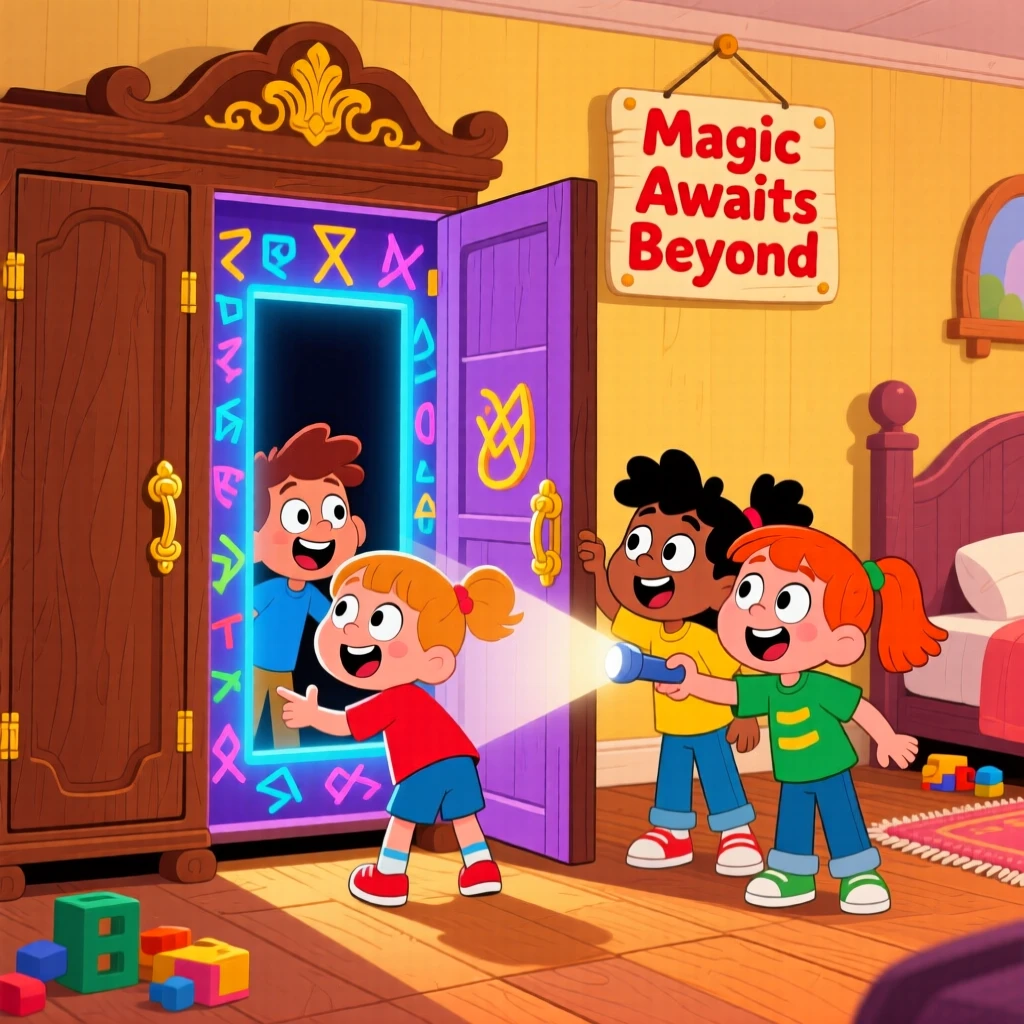A group of children finding a secret door at the back of a wardrobe.