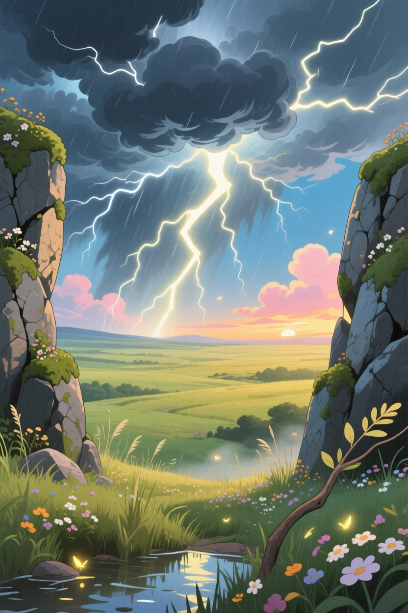 A stunning view of a dramatic thunderstorm rolling across a distant plain, framed between two rocky outcrops.