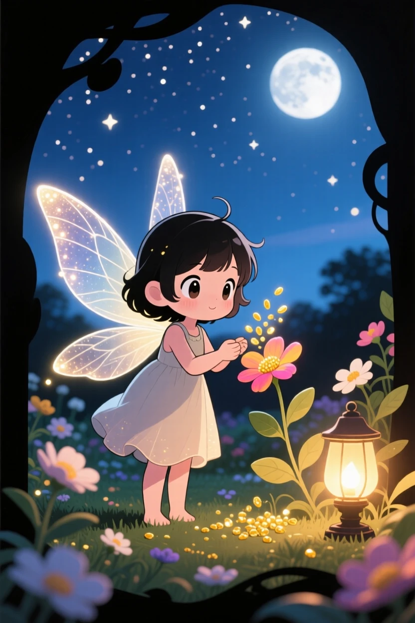 A tiny fairy with gossamer wings sprinkling glowing pollen from a flower petal, framed as a silhouette composition within a moonlit flower garden, under a clear summer sky, glowing under warm lamplight, evoking wide-eyed wonder.