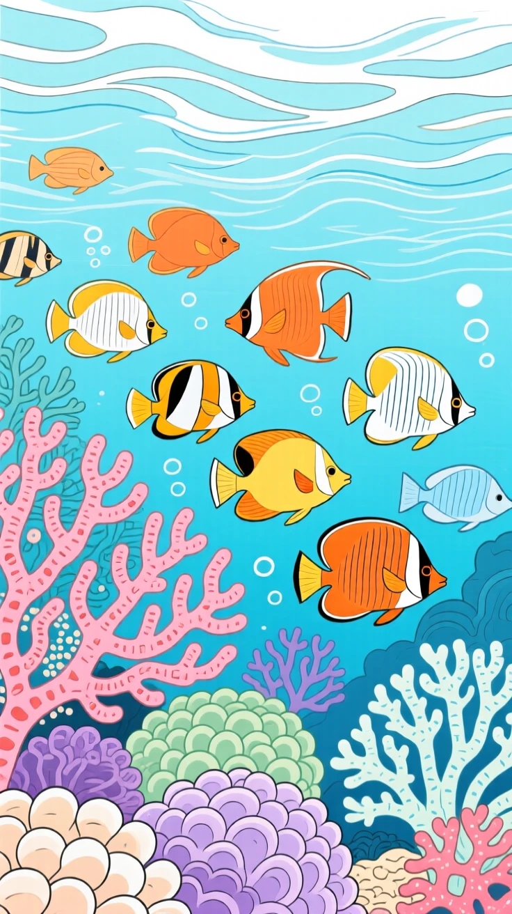 A school of tropical fish swimming through a coral reef.