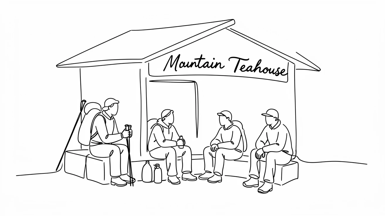 A group of trekkers resting at a mountain teahouse during a long hike