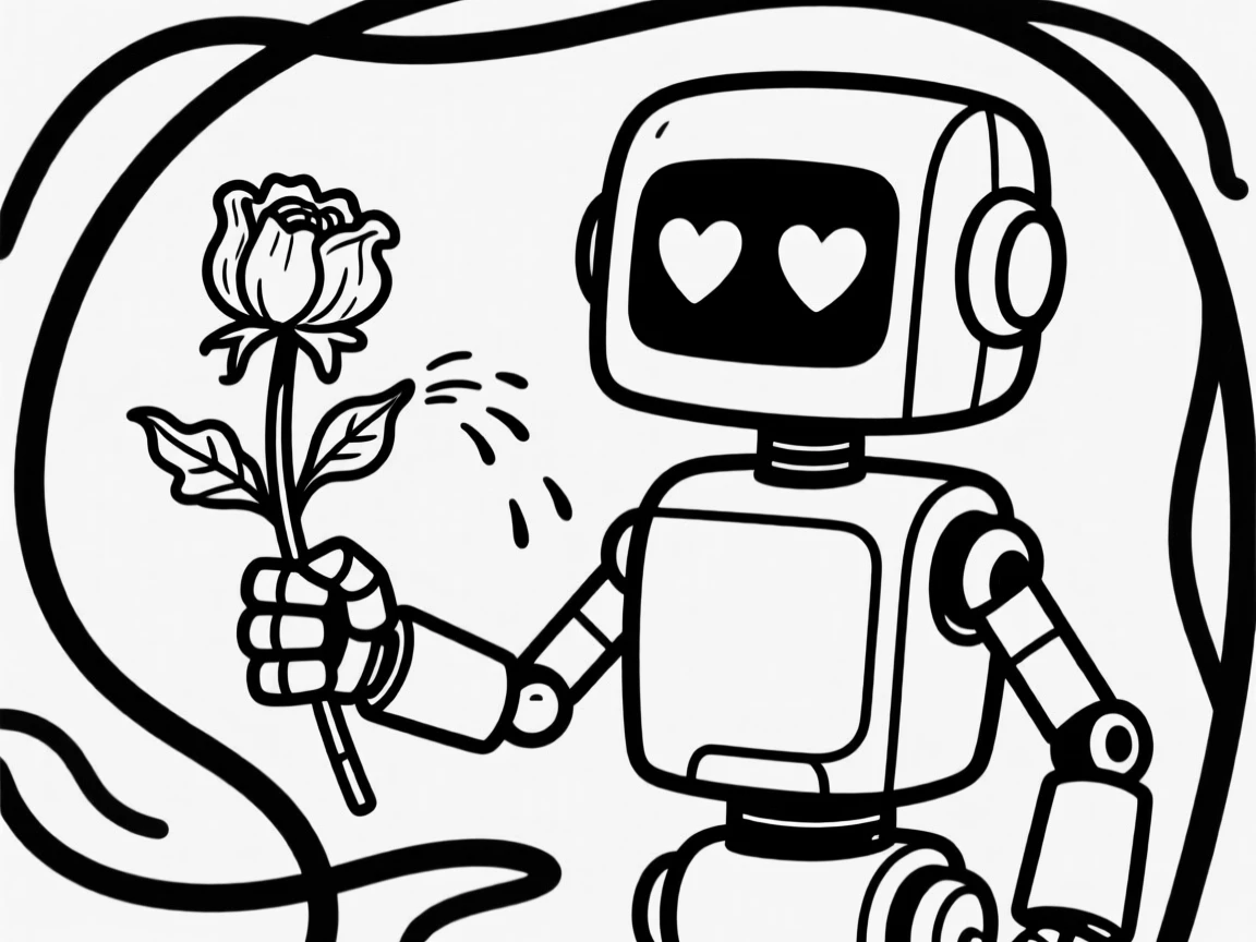 A small robot with heart-shaped eyes holding a wilting flower it just watered.