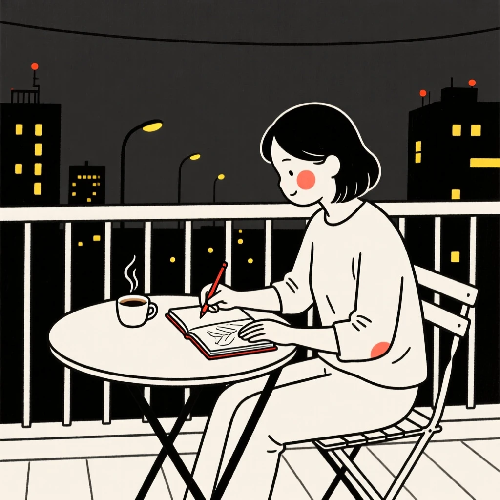 A mother sketching in a notebook at a cafe, on a city balcony at night.