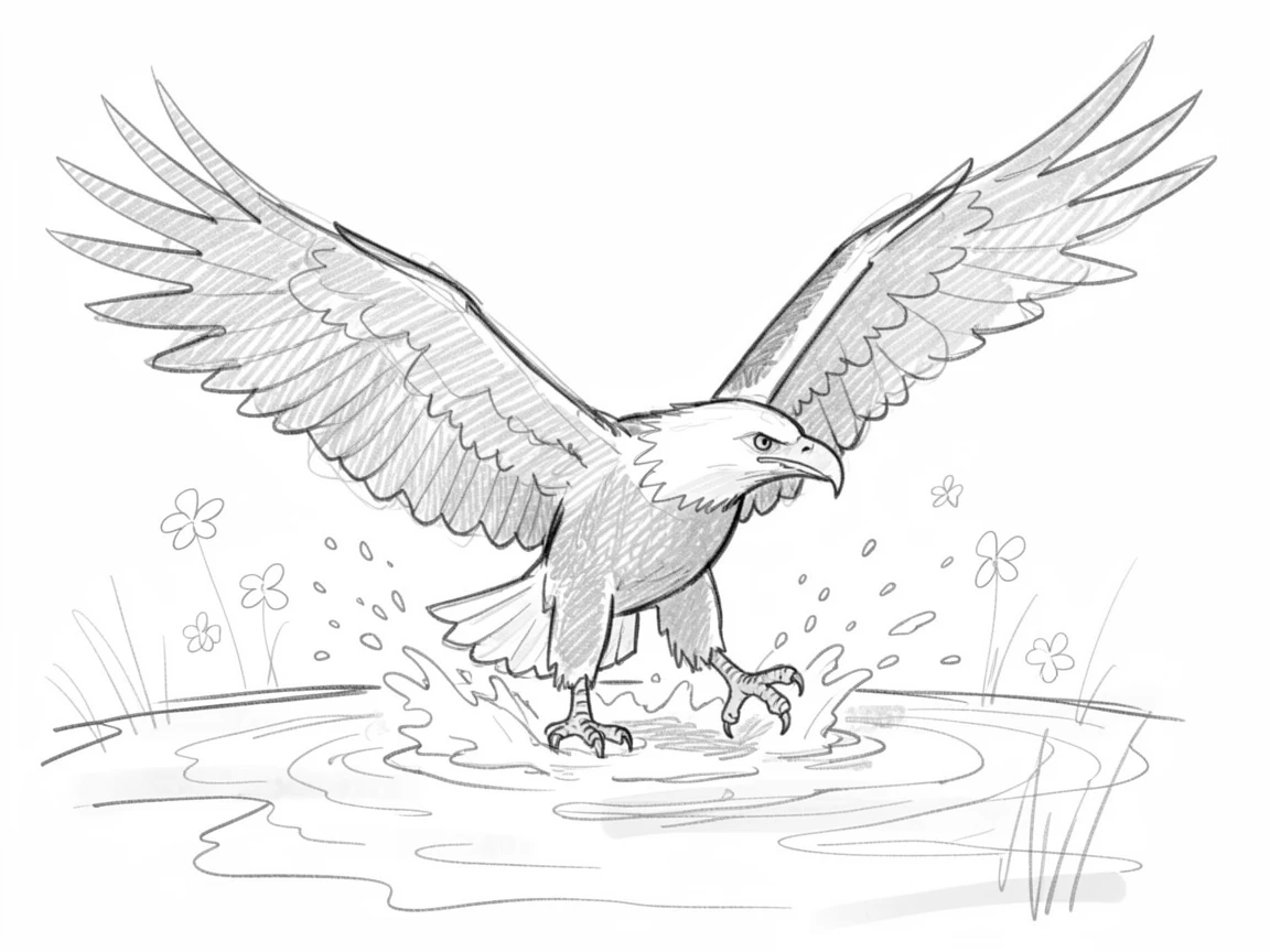 A heartwarming scene of a soaring bald eagle splashing through a shallow stream, among scattered wildflower petals.