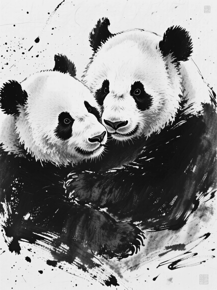 A giant panda nuzzling affectionately with its mate.