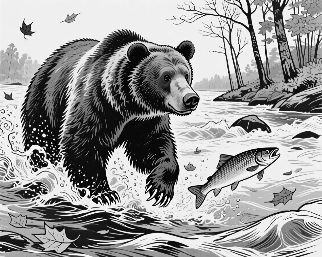 A bear fishing for salmon in a rushing river during autumn.