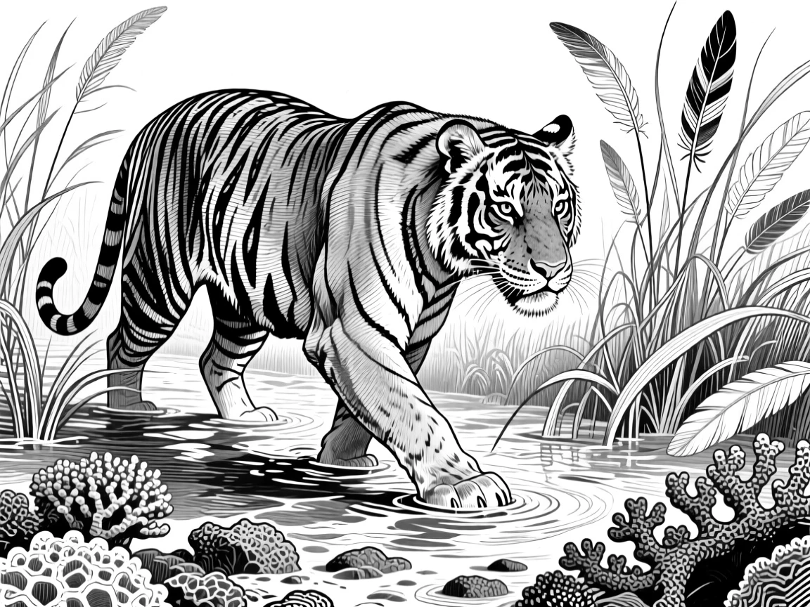 A tiger prowling through tall grass in the shallows of a coral reef, feathers fanned in fine detail, capturing a gentle and endearing moment in nature with a strong, centered focal point.