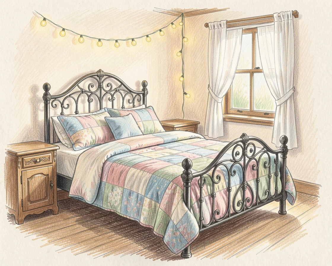 A charming cottage bedroom with fairy lights strung above a wrought-iron bed, with delicate details in the woodwork and fabric textures, evoking the feeling of a peaceful slow morning at home.