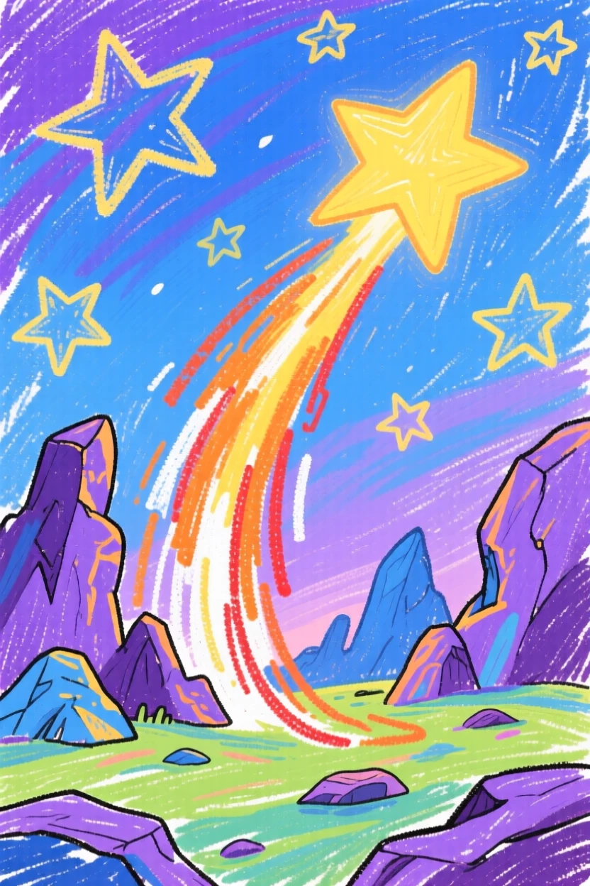 A shooting star rising slowly over a rocky alien landscape.