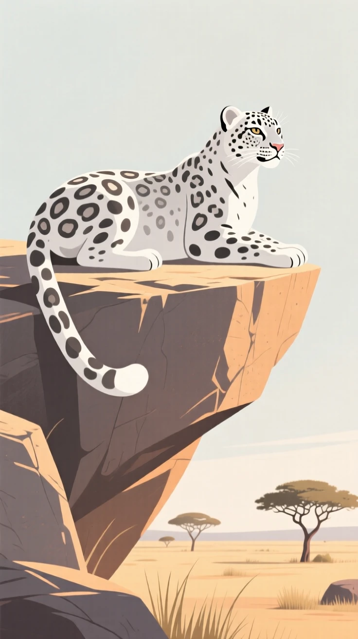 A majestic snow leopard resting on a sunlit ledge overlooking the savanna.