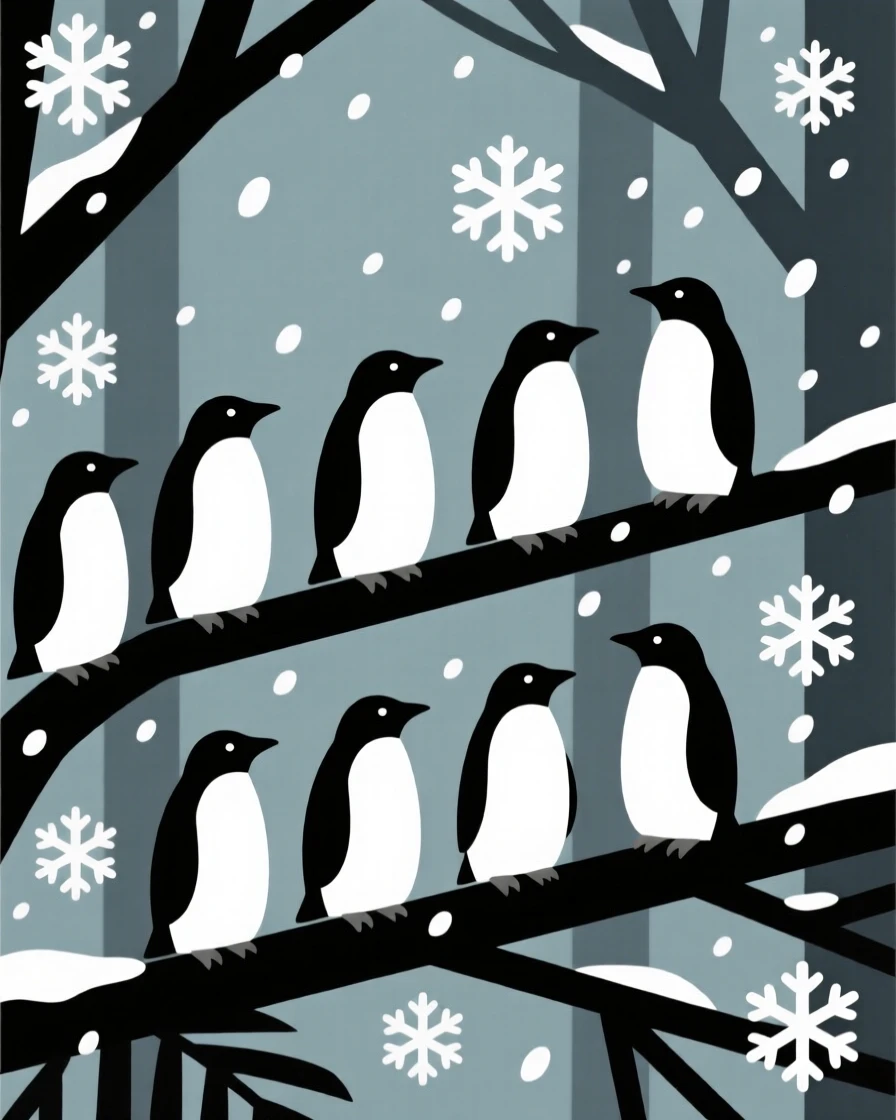 A curious penguin colony pausing in a rainforest canopy, with falling snowflakes in the background, radiating wild freedom.